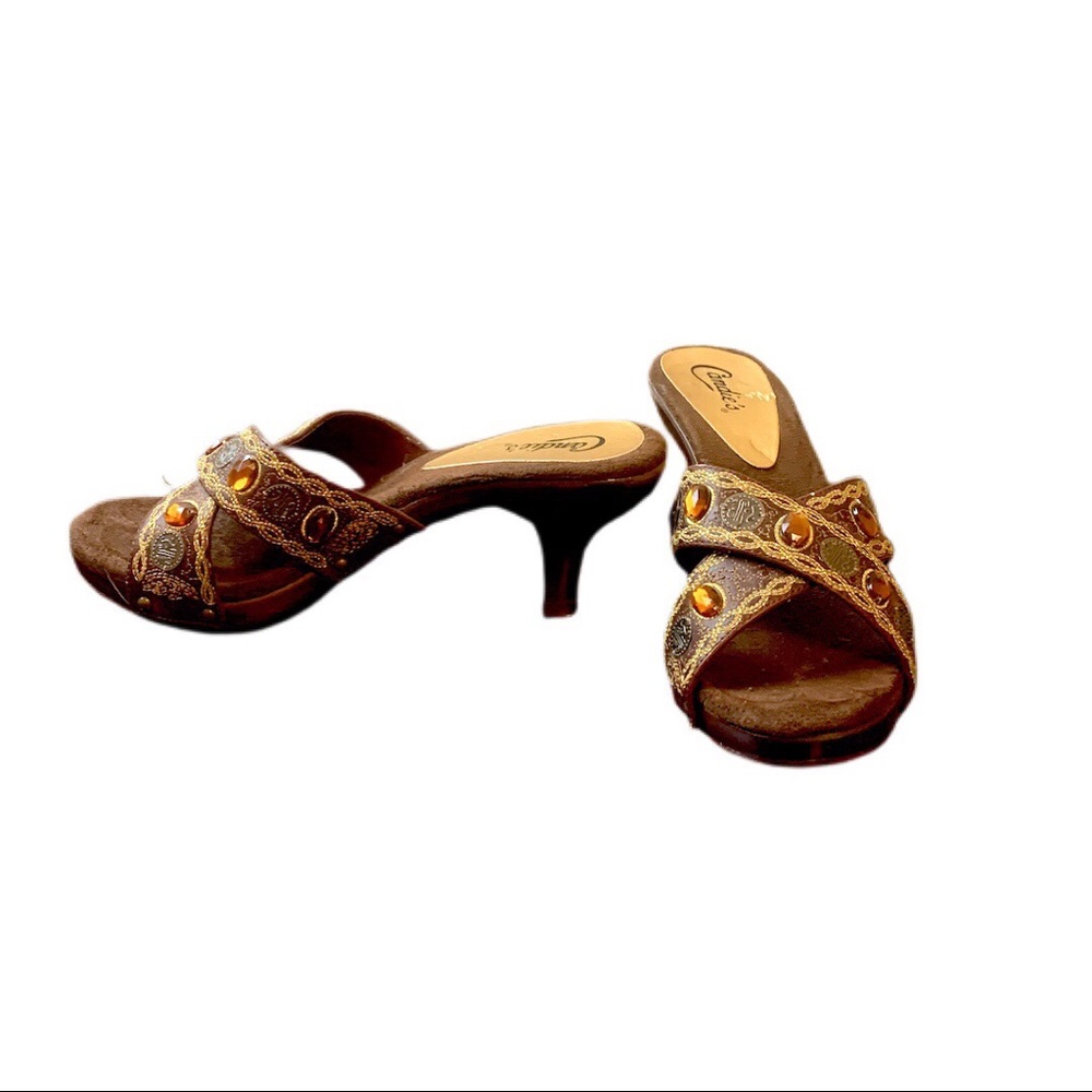 CANDIES brown/ gold gem embroidered kitten heels